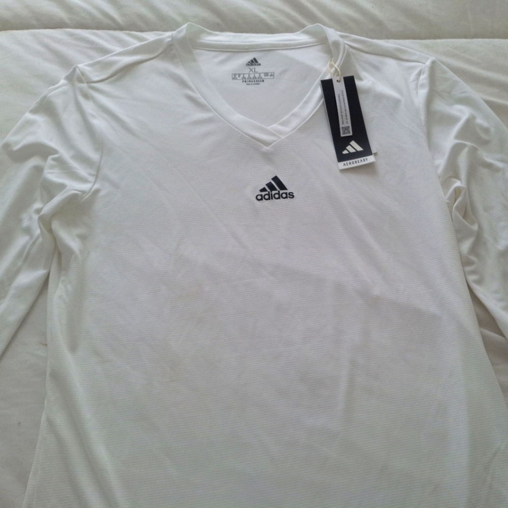 adidas White Long Sleeve V-Neck Performance Tee